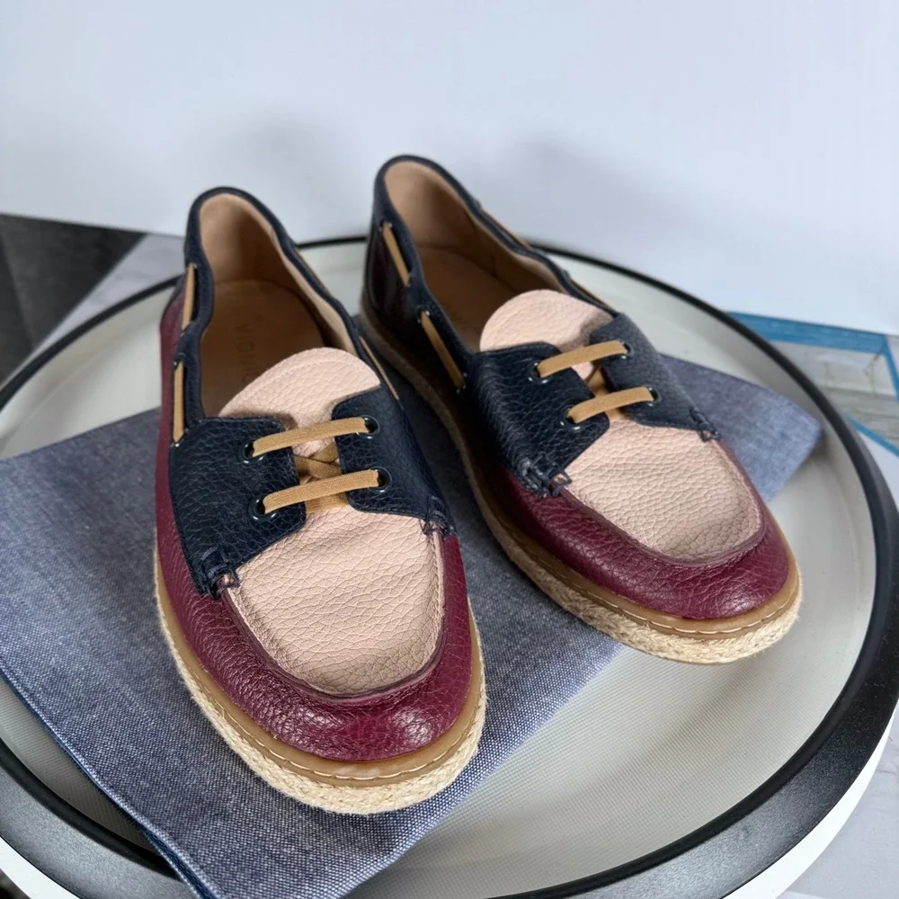 Vionic Bay Boat Shoes Womens 9.5 Navy Burgundy Leather Colorblock Loafers